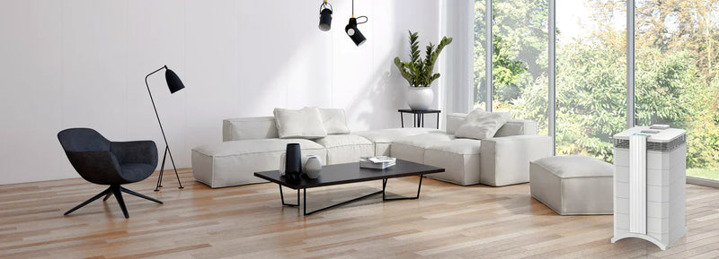 Air purifier improving indoor air quality in a modern living room